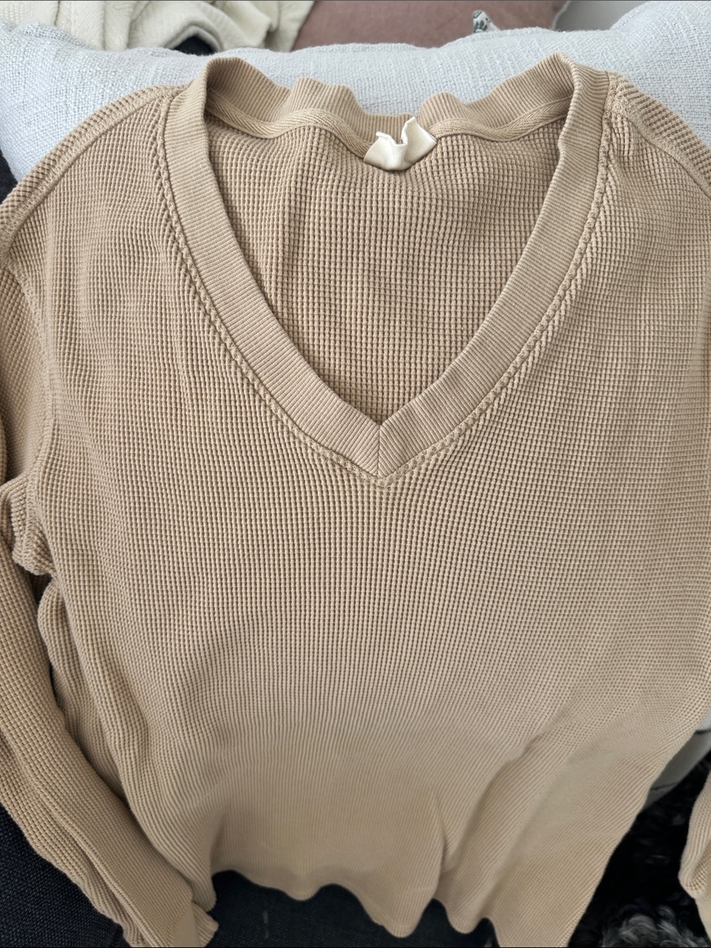 Pact Women's V-Neck Waffle Knit Sweater in Beige medium